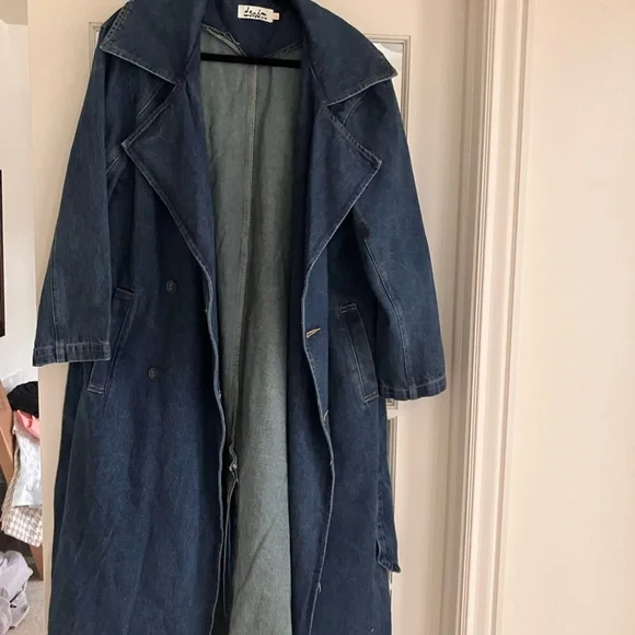 Paper Heart Boretto Long Denim Trench Coat with Belt - Dark Blue - Picture 6 of 12
